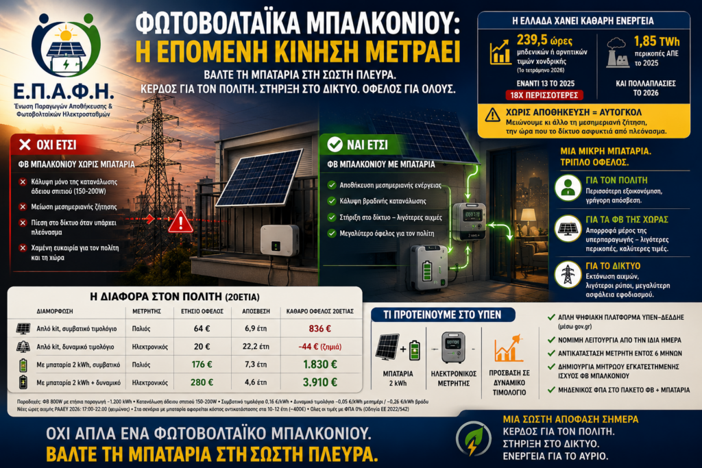 Παρέμβαση της ΕΠΑΦΗ πριν την Υπουργική Απόφαση για τα ΦΒ μπαλκονιού Σύλλογος ΕΠΑΦΗ ΦΩΤΟΒΟΛΤΑΙΚΑ ΜΠΑΛΚΟΝΙΟΎ
